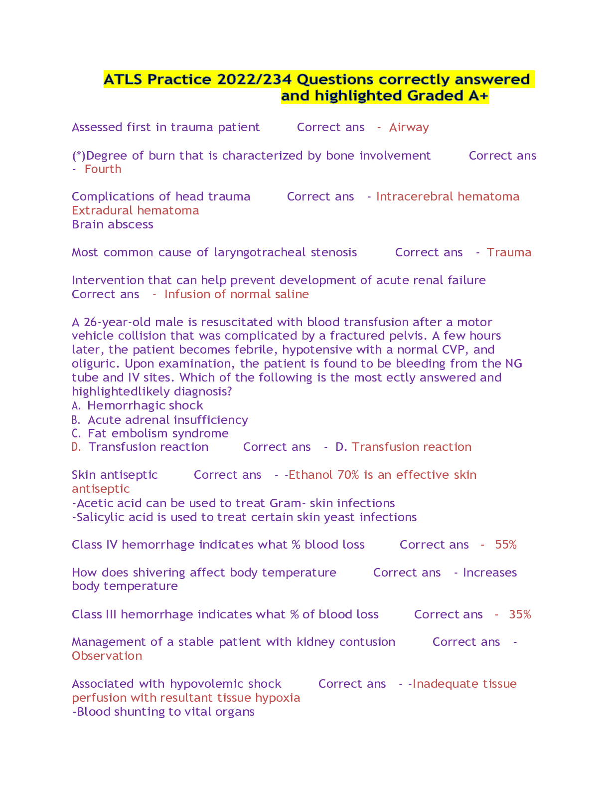 Preview image for ATLS Practice 2022/234 Questions correctly answered and highlighted Graded A+